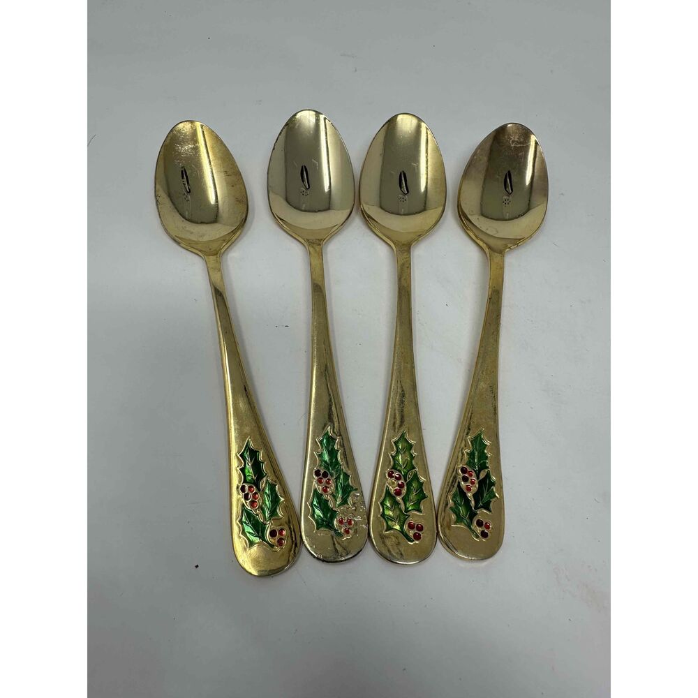 Holly Berry Spoon Christmas Gold Tone 4 Dessert Spoons Stainless Japan Vintage